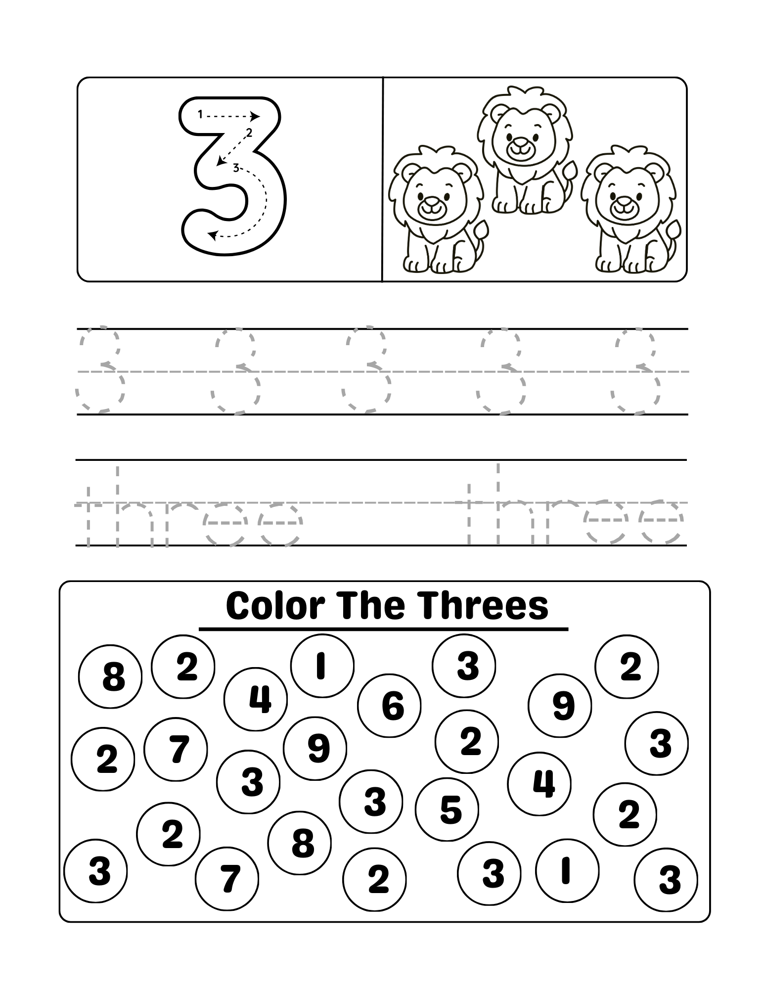 Printable 1-10 Count, Trace & Color With Animals
